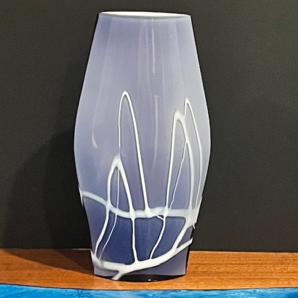 Modern 10" Purple and White Art Glass Flat Vase